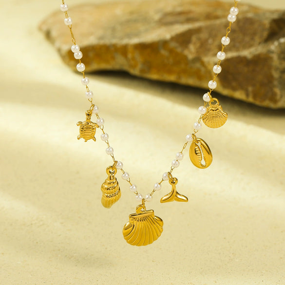 Marine Series Pearl Stainless Steel Pendant Necklace With Starfish Conch Shell Fashion Electroplating For Women