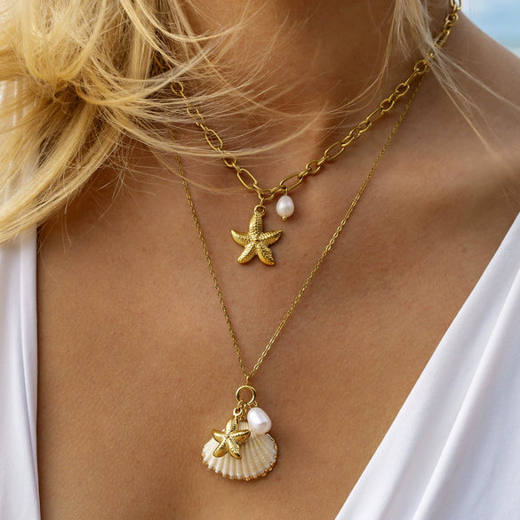 Marine Series Pearl Starfish Shell Necklace Jewelry Stainless Steel Titanium Steel Geometric Electroplated For Women