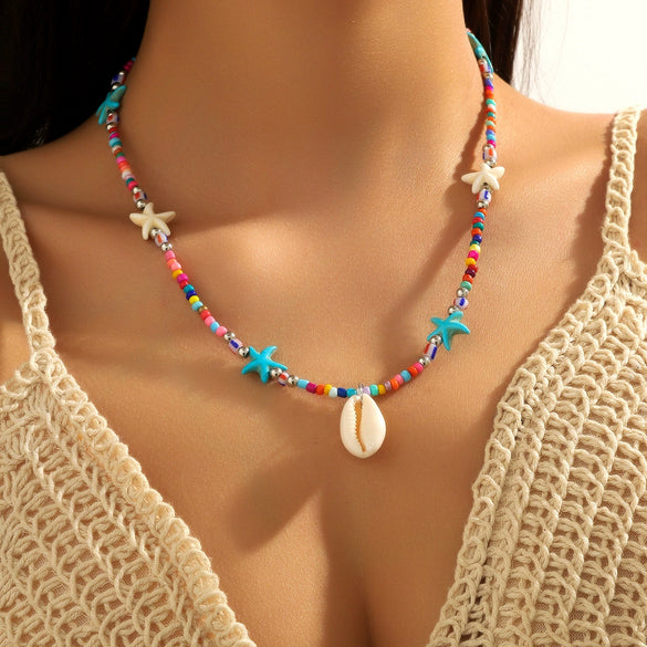 Marine Series Shell And Rice Beads Handmade Geometric Necklace