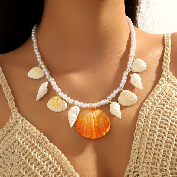 Marine Series Shell And Rice Beads Handmade Geometric Necklace