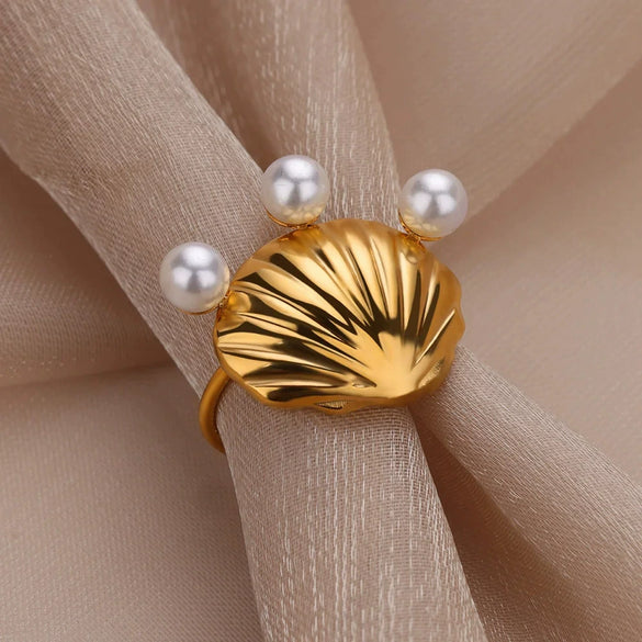 Marine Series Stainless Steel Ring With Shell Pearl Electroplated