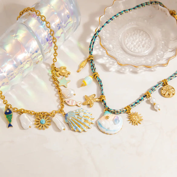 Marine Style Beach Sun Starfish Shell 304 Stainless Steel Cable Chain Pendant Necklaces Wholesale