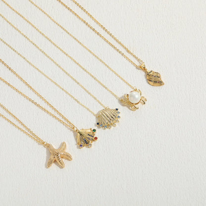 Marine Style Classic Style Streetwear Starfish Conch Crab Copper Plating Inlay Artificial Pearls Zircon 14k Gold Plated Pendant Necklace