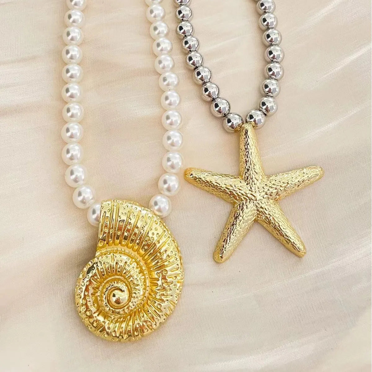 Marine Style Simple Style Starfish Conch Imitation Pearl Alloy Wholesale Pendant Necklace