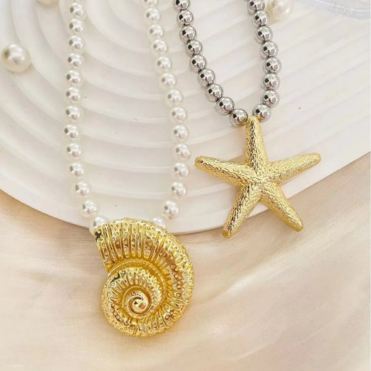 Marine Style Simple Style Starfish Conch Imitation Pearl Alloy Wholesale Pendant Necklace