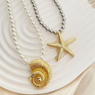 Marine Style Simple Style Starfish Conch Imitation Pearl Alloy Wholesale Pendant Necklace