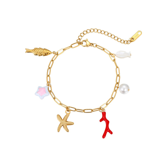 Marine Vacation Coral Starfish Pendant Bracelet Stainless Steel 18K Gold Plated Geometric Style Hand Jewelry For Women