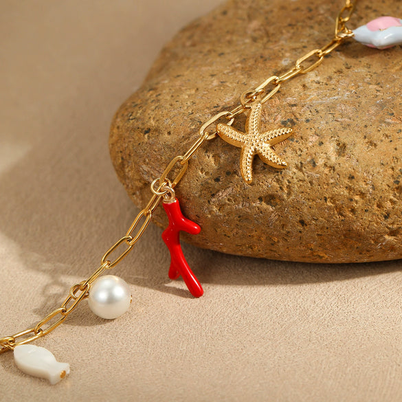 Marine Vacation Coral Starfish Pendant Bracelet Stainless Steel 18K Gold Plated Geometric Style Hand Jewelry For Women