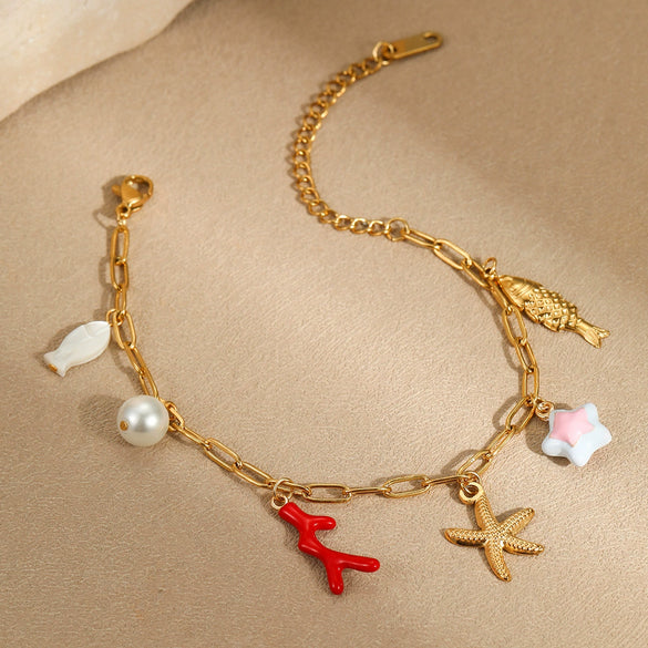 Marine Vacation Coral Starfish Pendant Bracelet Stainless Steel 18K Gold Plated Geometric Style Hand Jewelry For Women