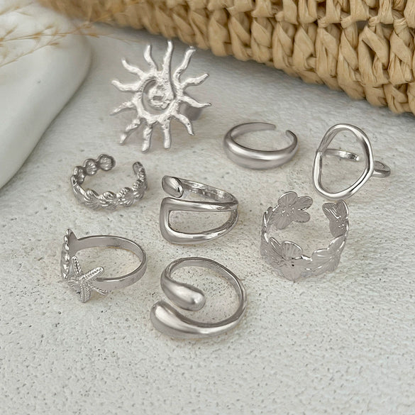 Marine Wind Conch Shell Ring Metal Flower Geometric Electroplated For Women