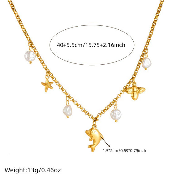 Marine Wind Jewelry Necklace Stainless Steel With Dolphin Starfish Pearl Accessories Electroplating