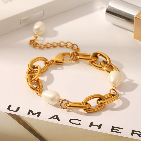 Marine Wind Women's Freshwater Pearl And Stainless Steel Geometric Charm Bracelet With Pvd Vacuum Plating