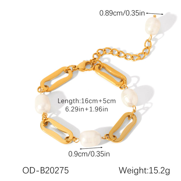 Marine Wind Women's Freshwater Pearl And Stainless Steel Geometric Charm Bracelet With Pvd Vacuum Plating