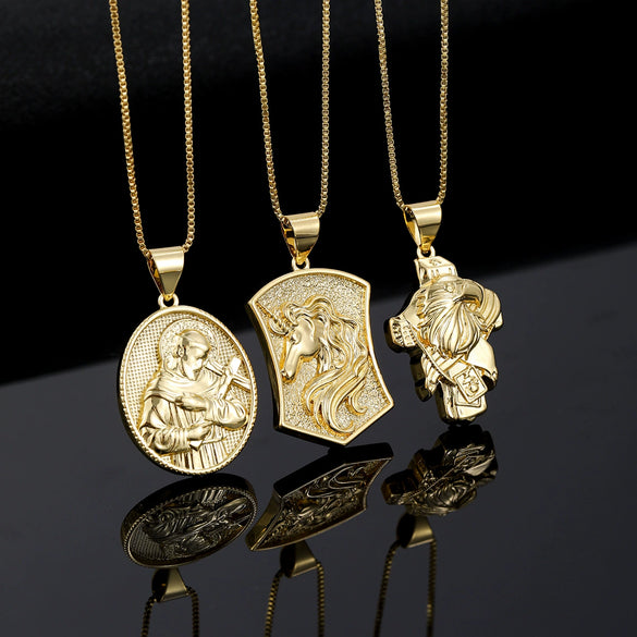 Medal Pendant Necklace Copper Plated Real Gold Cartoon Character Style