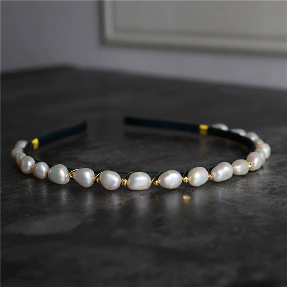 Medieval Style Natural Freshwater Baroque Pearl Headband With Retro Temperament Green Design