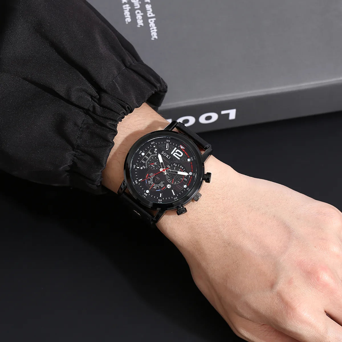 Men'S Bracelet Watch Set Fashion Pu Strap Calendar Sports Quartz Watch