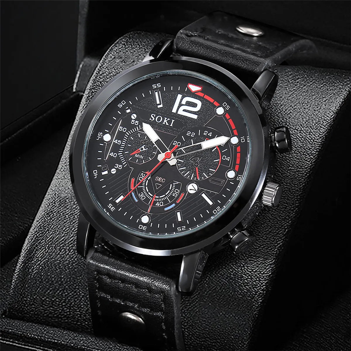 Men'S Bracelet Watch Set Fashion Pu Strap Calendar Sports Quartz Watch