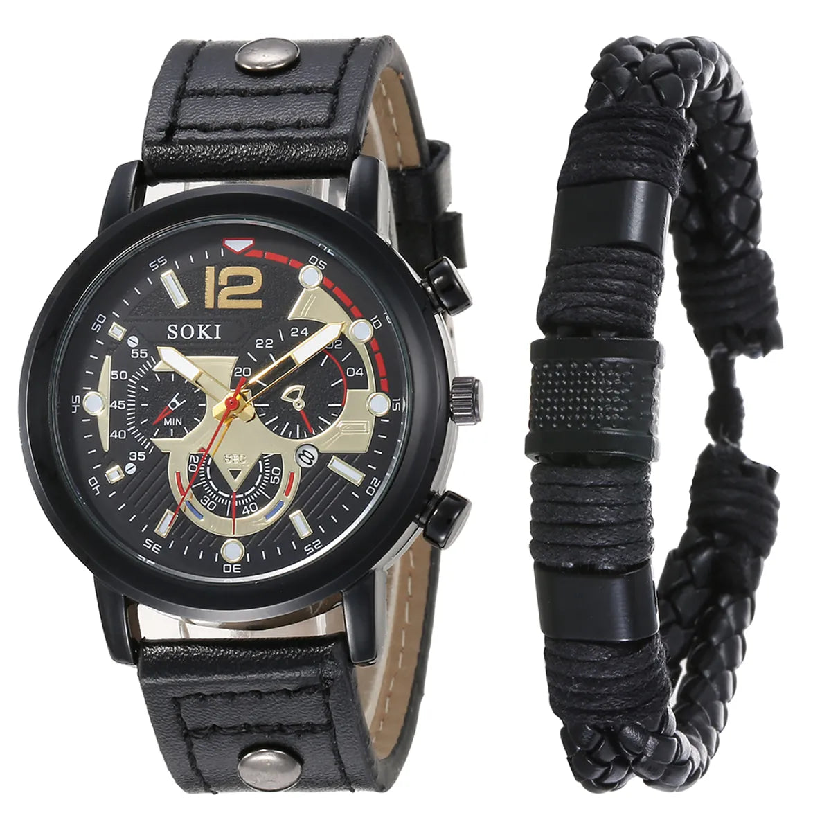 Men'S Bracelet Watch Set Fashion Pu Strap Calendar Sports Quartz Watch