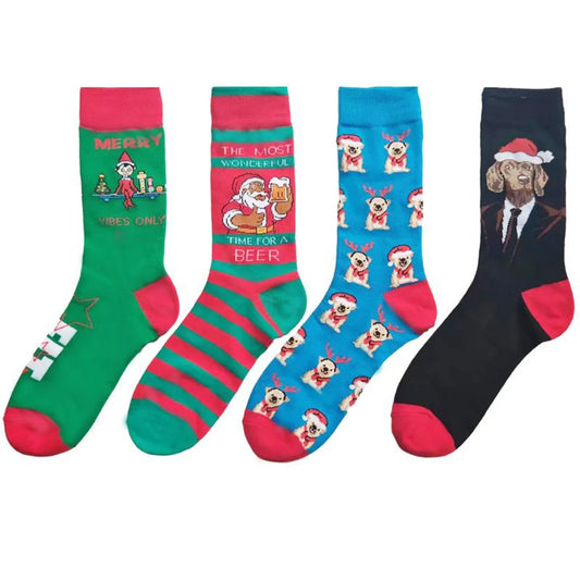 Men'S Cartoon Style Santa Claus Dog Cotton Crew Socks A Pair