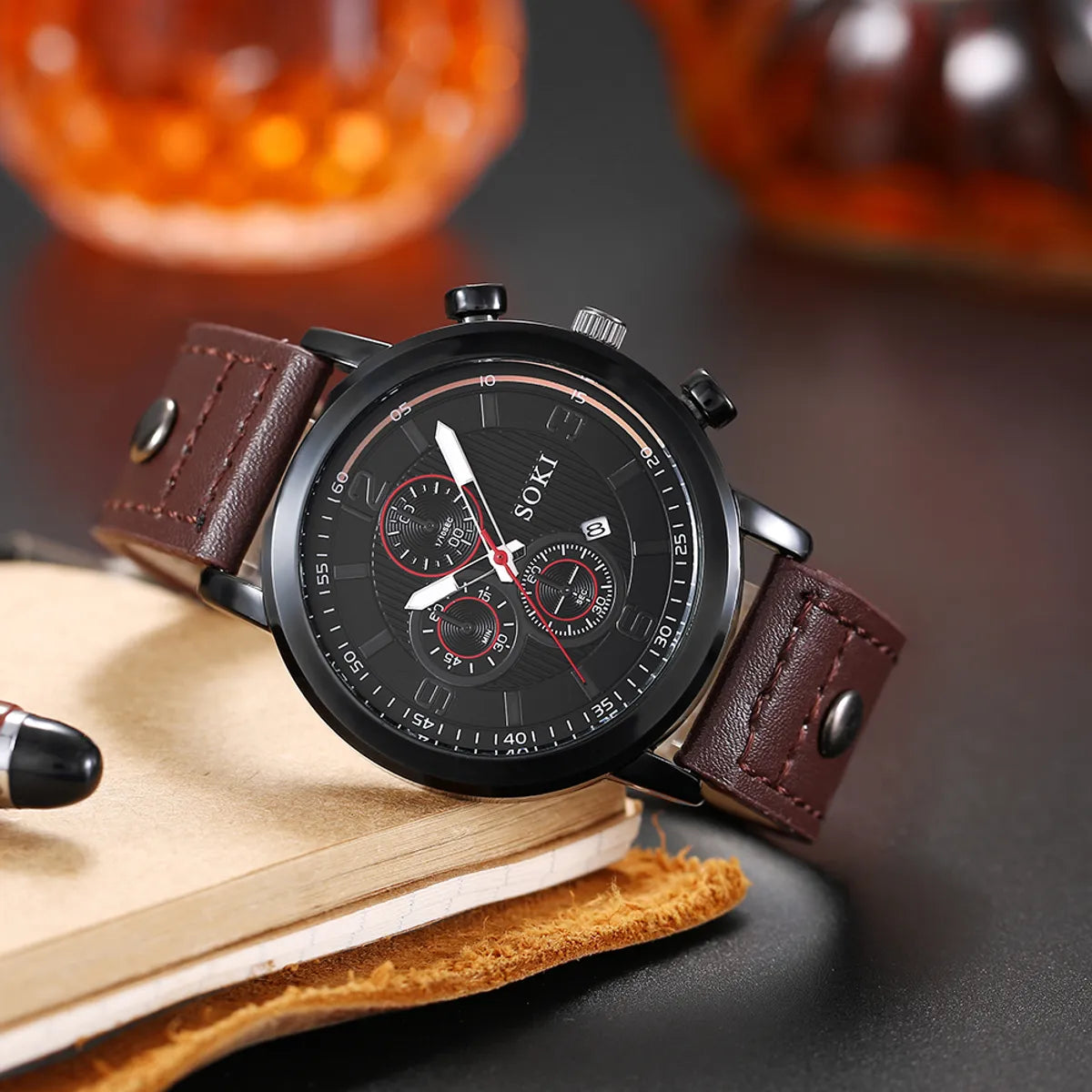 Men'S Leather Rope Watch Calendar Sports Quartz Watch Bracelet Set