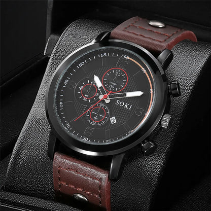 Men'S Leather Rope Watch Calendar Sports Quartz Watch Bracelet Set