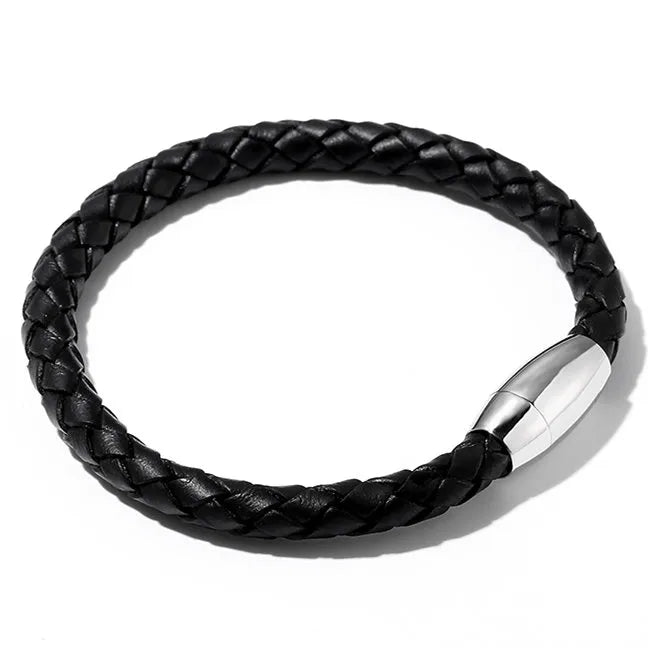 Men'S Leather Titanium Steel Rhombus Pattern Bracelet