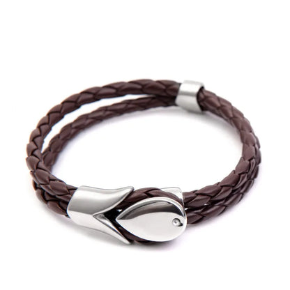 Men'S Leather Titanium Steel Rhombus Pattern Bracelet