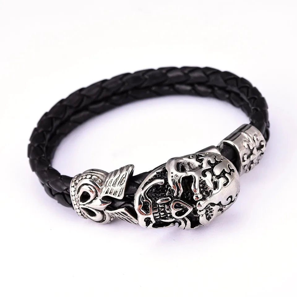 Men'S Leather Titanium Steel Rhombus Pattern Bracelet