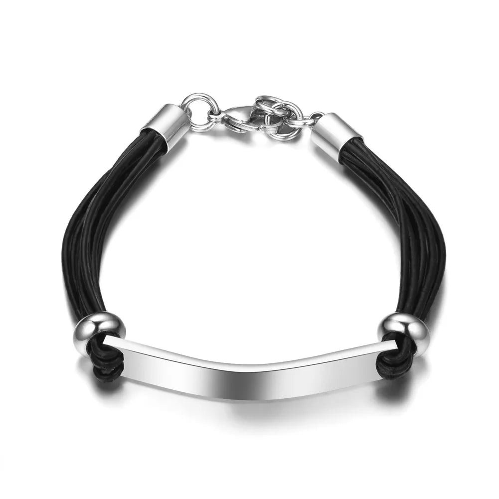 Men'S Leather Titanium Steel Rhombus Pattern Bracelet