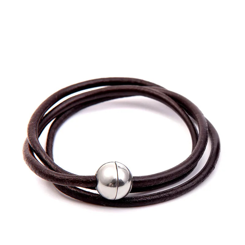 Men'S Leather Titanium Steel Rhombus Pattern Bracelet