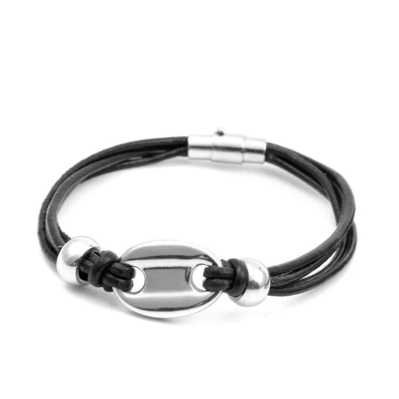 Men'S Leather Titanium Steel Rhombus Pattern Bracelet