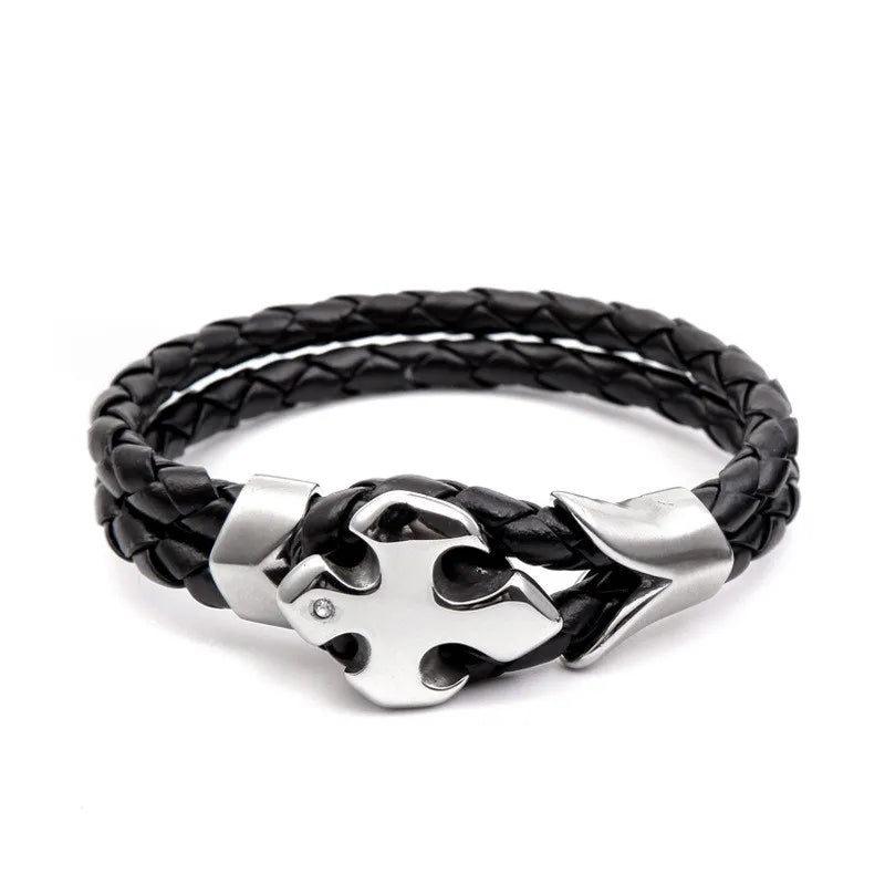 Men'S Leather Titanium Steel Rhombus Pattern Bracelet