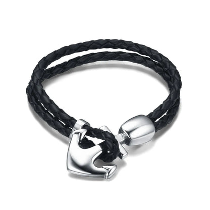 Men'S Leather Titanium Steel Rhombus Pattern Bracelet