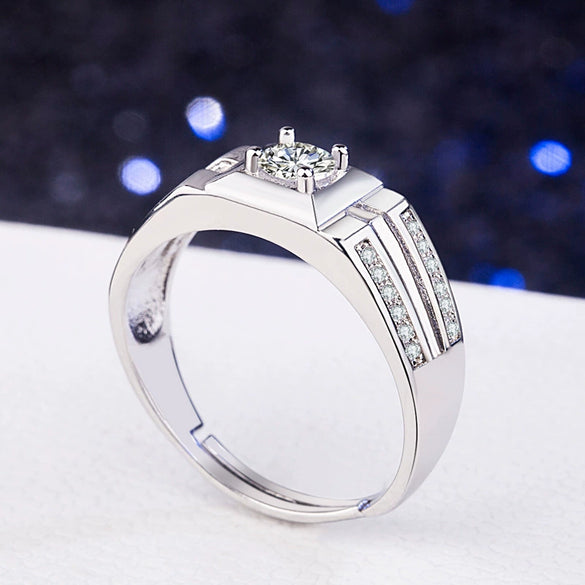 Men's Adjustable Sterling Silver Geometric Ring With Inlaid Zircon Simple Electroplated Statement Jewelry