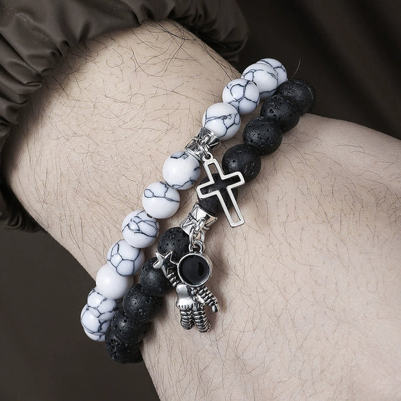 Men's Alloy And Black Gallstone Handmade Geometric Shape Stretch Bracelet With Astronaut Pendant