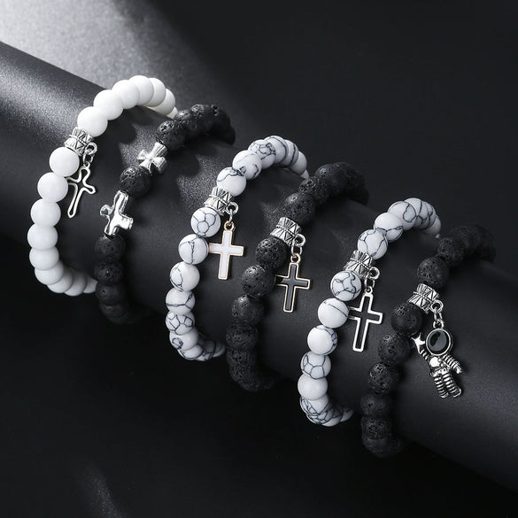 Men's Alloy And Black Gallstone Handmade Geometric Shape Stretch Bracelet With Astronaut Pendant