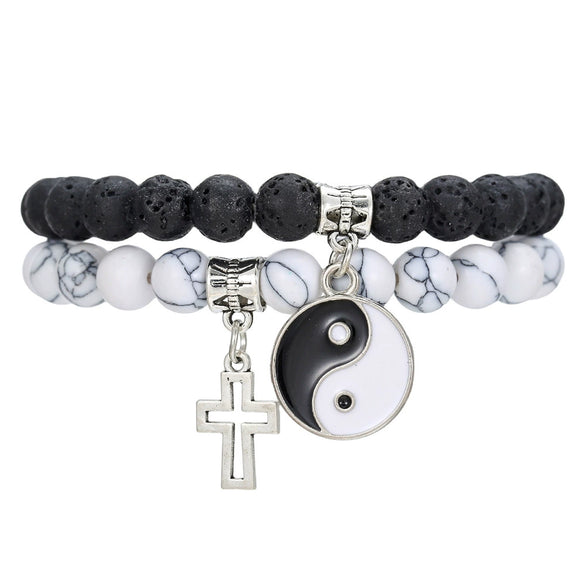 Men's Alloy And Black Gallstone Handmade Geometric Shape Stretch Bracelet With Astronaut Pendant