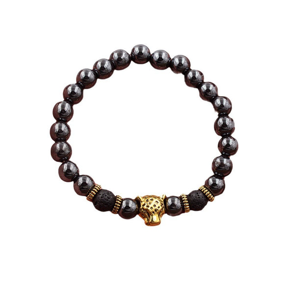 Men's Alloy And Blackstone Handmade Animals And Zodiac Style Bracelet With Lion Head Leopard Head Crown Owl Helmet Spacer And Volcanic Stone
