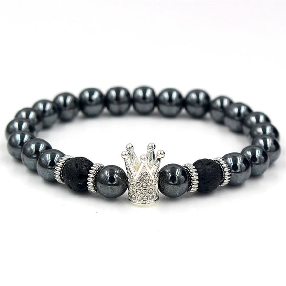 Men's Alloy And Blackstone Handmade Animals And Zodiac Style Bracelet With Lion Head Leopard Head Crown Owl Helmet Spacer And Volcanic Stone
