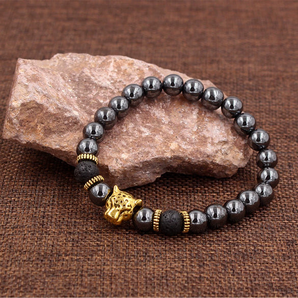 Men's Alloy And Blackstone Handmade Animals And Zodiac Style Bracelet With Lion Head Leopard Head Crown Owl Helmet Spacer And Volcanic Stone