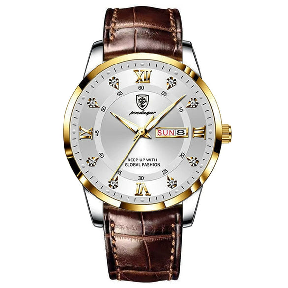 Men's Alloy And Genuine Leather Business Style Round Dial Luminous Double Calendar Quartz Watch With Sapphire Crystal Glass Mirror And Stainless Steel Buckle