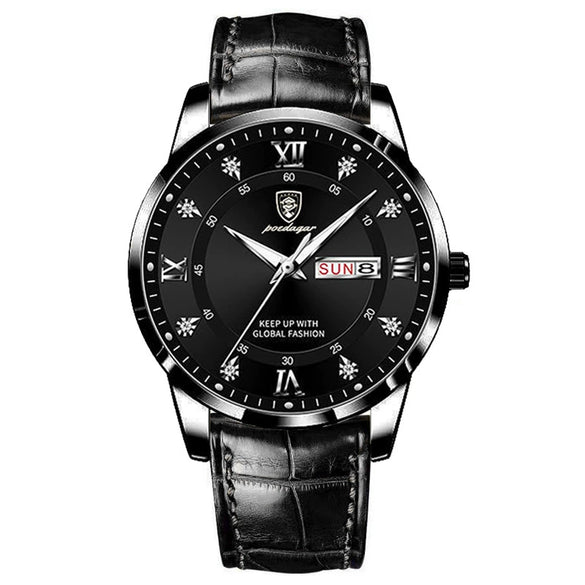 Men's Alloy And Genuine Leather Business Style Round Dial Luminous Double Calendar Quartz Watch With Sapphire Crystal Glass Mirror And Stainless Steel Buckle