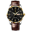Men's Alloy And Genuine Leather Business Style Round Dial Luminous Double Calendar Quartz Watch With Sapphire Crystal Glass Mirror And Stainless Steel Buckle