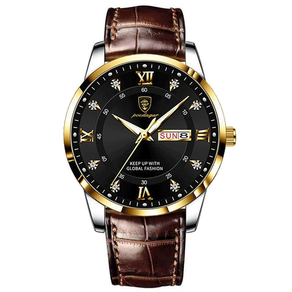 Men's Alloy And Genuine Leather Business Style Round Dial Luminous Double Calendar Quartz Watch With Sapphire Crystal Glass Mirror And Stainless Steel Buckle