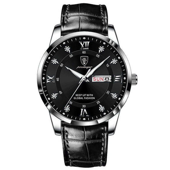 Men's Alloy And Genuine Leather Business Style Round Dial Luminous Double Calendar Quartz Watch With Sapphire Crystal Glass Mirror And Stainless Steel Buckle