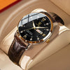 Men's Alloy And Genuine Leather Business Style Round Dial Luminous Double Calendar Quartz Watch With Sapphire Crystal Glass Mirror And Stainless Steel Buckle