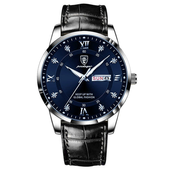 Men's Alloy And Genuine Leather Business Style Round Dial Luminous Double Calendar Quartz Watch With Sapphire Crystal Glass Mirror And Stainless Steel Buckle