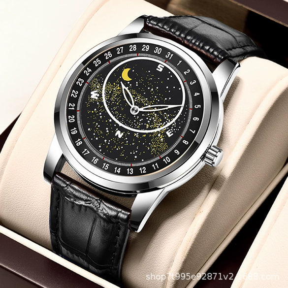 Men's Alloy And Genuine Leather Quartz Casual Watch With Round Dial Mineral Strengthened Glass Mirror And Stainless Steel Clasp