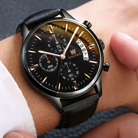Men's Alloy And Imitation Leather Business Style Round Quartz Watch With Printed Logo