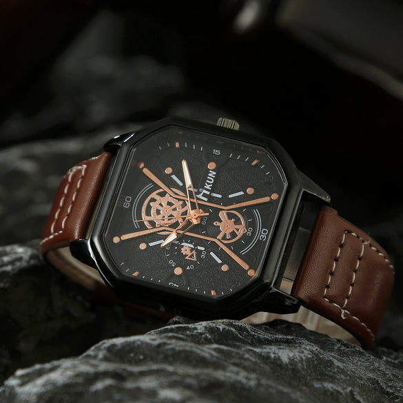 Men's Alloy And Imitation Leather Square Double Layer Shell Sports Casual Bracelet Set Quartz Watch